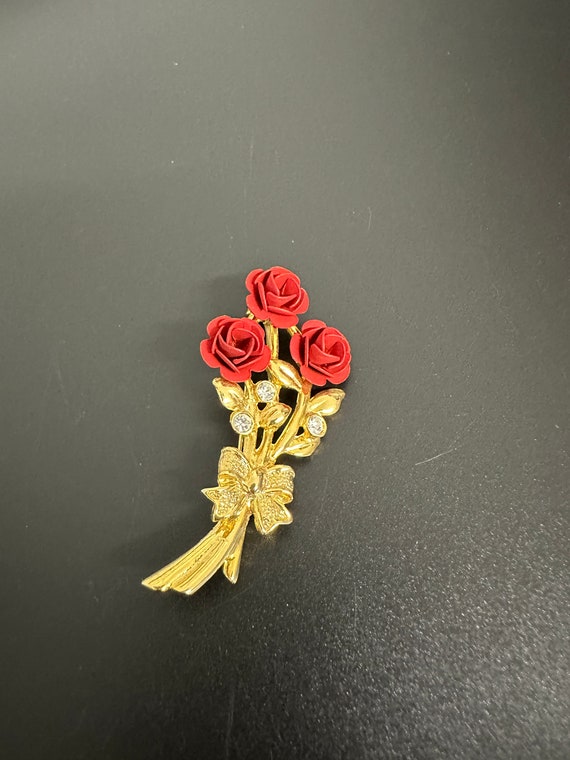 Vintage Rosen Brosche matt Lippenstift rote Blüte… - image 7