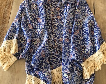 Tunic fringed blouse summer shirt with 3/4 sleeves