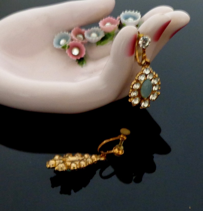 1960 /'s glass beads /& rhinestones decorated very beautiful earrings Ohrschrauben earrings-the blue Navette bead has a light Moonglow
