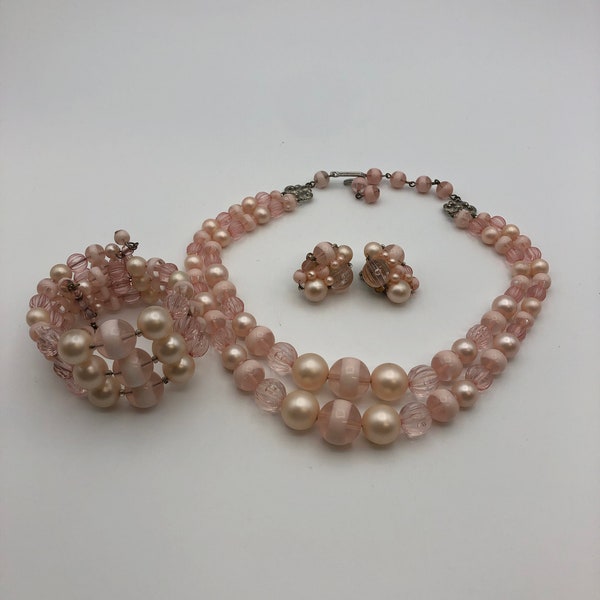 Necklace Bracelet Earclips Jewelry Set Vintage 1950s Delicate Powder Pink Color Collier, Clip Earrings, Wrap-around Bracelet Parure