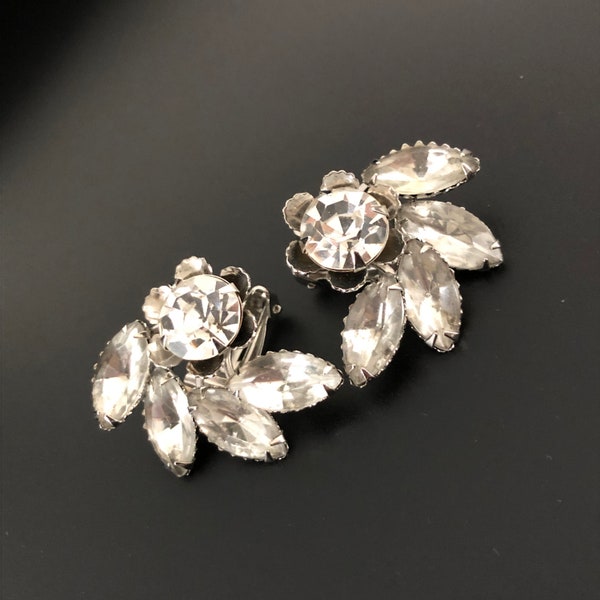 Glamor bridal clip earrings Fantastically beautiful Art Nouveau Era vintage 1950s bridal jewelry Navette rhinestone decorated clip earrings