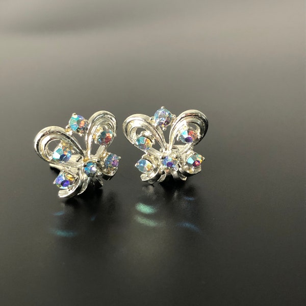 Aurora Borealis ear clips light blue rhinestone decorated vintage 1960s clip earrings fantastically beautiful sparkling