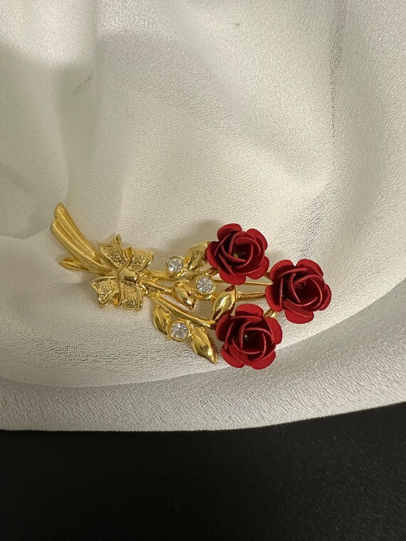 Vintage Rosen Brosche matt Lippenstift rote Blüte… - image 10