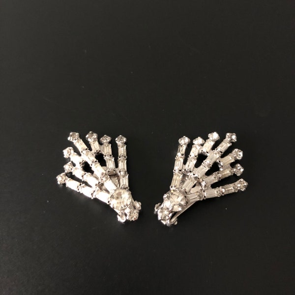 Jugendstil Fächer Ohrclips Original vintage 1940s Baguette Strass verzierte Fächer Spray Sternschnuppe Glamour Braut Clip Ohrringe, RAR