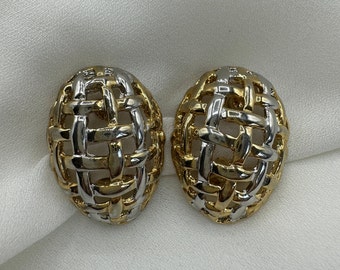 Silver plated gold plated clip earrings very elegant braided pattern design vintage 1980s clip earrings