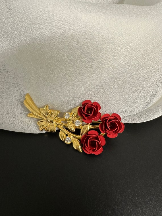 Vintage Rosen Brosche matt Lippenstift rote Blüte… - image 2