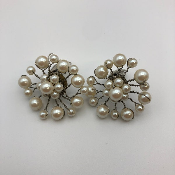 Wire work Earclips Vintage 1960s White Glass Beads Embellished, Adorably Beautiful Handmade Bridal Jewelry Clip Earrings, Silver Plated Metal