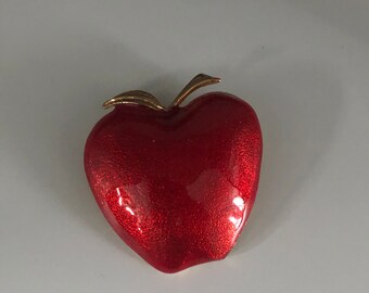 Broche pomme rouge rouge à lèvres émaillée rouge grande broche vintage des années 1980 de haute qualité