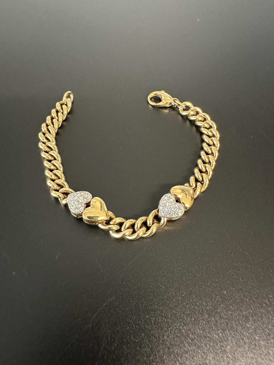 Goldplated Link Bracelet Vintage 1980s Bracelet With Rhinestone Hearts