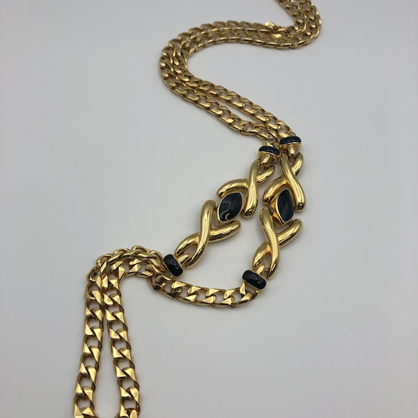 Schwarz emaillierte Halskette einzigartig schön Vintage 1980s Gliederkette Station Kette Collier, Designer Qualität