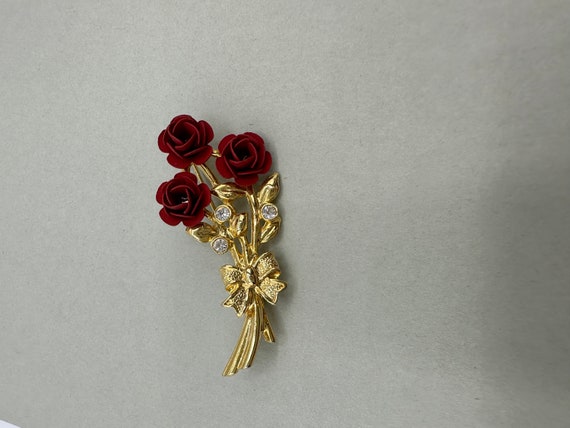 Vintage Rosen Brosche matt Lippenstift rote Blüte… - image 6
