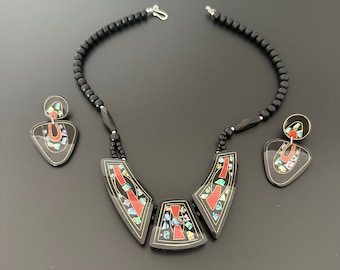 Perlmutt Halskette Ohrringe Schmuckset Vintage 1970s Collier Kette und passende Ohrstecker Hängeohrringe