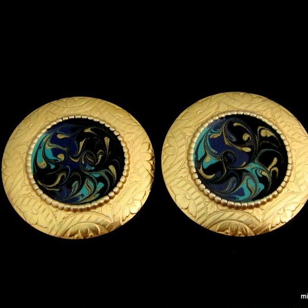 OPUELNT & Edel!! 1970 's Boho Lady elegant gilded free-flow swirl enamelled clip Earrings Earrings 4.2 cm Ø Weight: 17 grams