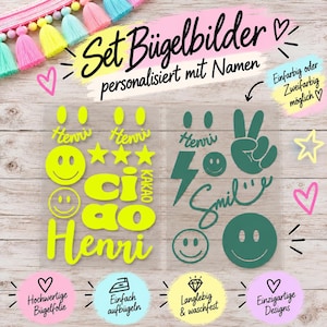 Könnte beinhalten: Ein Set aus Bügelbildern mit neongelben und dunkelgrünen Motiven, darunter Smileys, Sterne, Blitze, Friedenszeichen sowie die Namen Henri und Ciao Kakao. Die Grafiken sind auf zwei transparenten Folien mit Texten angeordnet.