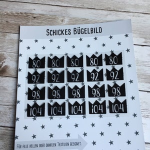 40 size labels with your desired sizes for ironing on, several sizes and colors possible
