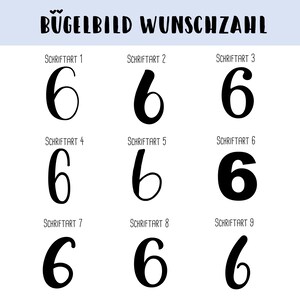 May include: Nine different font styles for the number six, displayed in black on a white background. The text "BÜGELBILD WUNSCHZAHL" is at the top of the image.