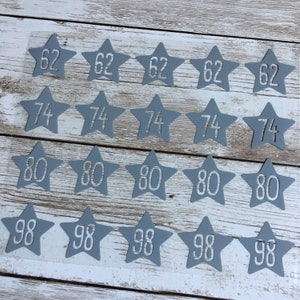 May include: Twenty grey star-shaped stickers with numbers printed on them. The numbers are 62, 74, 80, and 98.
