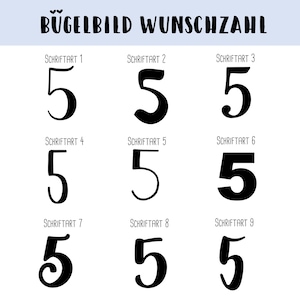 Peut inclure: Neuf styles de police différents pour le chiffre 5, affichés en noir sur fond blanc. Le texte "BÜGELBILD WUNSCHZANL" est en haut de l'image.