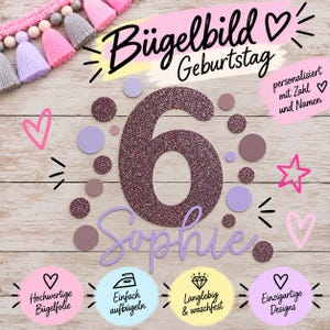 Könnte beinhalten: Ein glitzerndes, dunkelbraunes Bügelbild mit der Zahl 6 und dem Namen Sophie in violetter Schreibschrift. Das Design enthält violette und braune Kreise, rosa Herzen und Sterne sowie den Text Bügelbild Geburtstag.