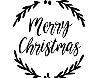 May include: Black and white illustration of a wreath with the text "Merry Christmas" in a handwritten font.