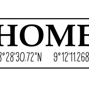 Puede incluir: Un diseño minimalista con la palabra "HOME" en letras mayúsculas negras y en negrita, centrada sobre un fondo blanco. Debajo, coordenadas: 48°28'30.72"N 9°12'11.268"E. El texto está enmarcado por líneas negras horizontales.