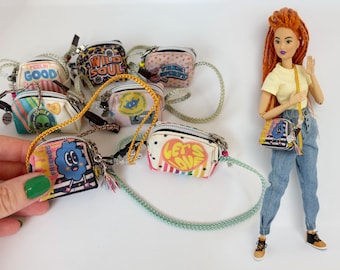 Realistic miniature fastened with a zipper bags for dolls.  cool prints . shoulder Messenger bag .  Doll accessories : 12 inch scale 1/6