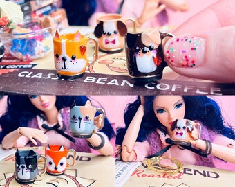 Chien Chat Renard. Animaux KAWAII à l'échelle 1/6 Tasses miniatures peintes à la main pour poupées. vaisselle pour une maison de poupée. paquet de thé miniature inclus