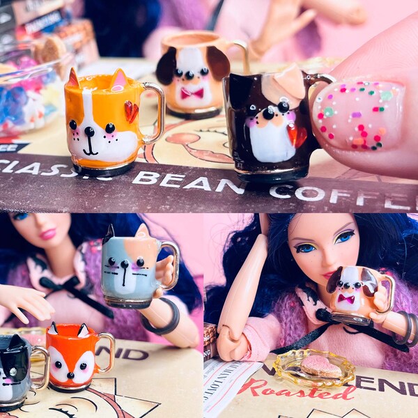 Dog Cat Fox. KAWAII animals 1/6 scale Hand-painted miniature mugs for dolls. tableware for a dollhouse. miniature tea package included