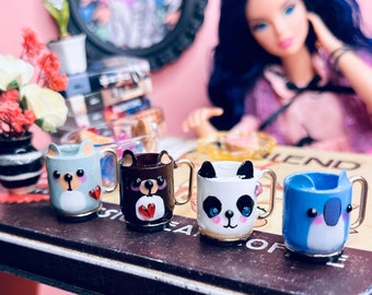 Ours KAWAII. Animaux mignons à l’échelle 1/6 Tasses miniatures peintes à la main pour poupées. vaisselle pour une maison de poupée. l'ensemble comprend un paquet de thé miniature