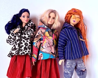 1:6 scale Doll coat with zipper, with a hood, various colors, fits standard body, curvy, doll clothes, jacket for dolls