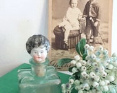 Porcelain Miniature Doll Head Antique on Old Inkwell Gorgeous Decoration Brocante Collect and Rare Gift for Women