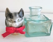 Porcelain Miniature Cats Doll Head Antique on Old Inkwell Gorgeous Decoration Brocante Collect and Rare Gift for Women