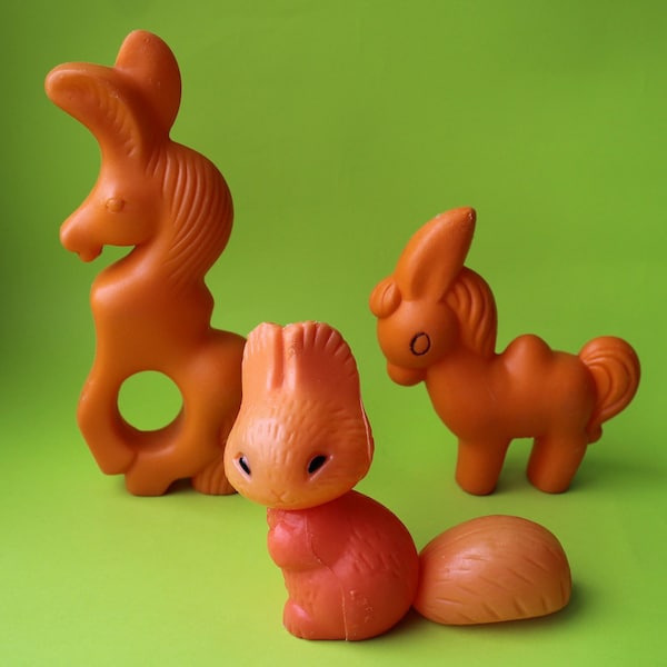 Soviet set of 3 plastic toys, vintage toy, USSR toy, soviet donkey, plastic squirrel, soviet plastic horse, soviet horse, soviet squirrel.