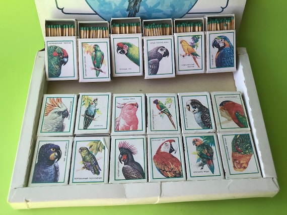Vintage Soviet Parrot Matchbox Set, USSR 1980s, 18 Boxes
