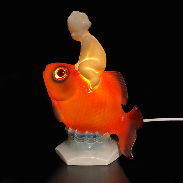 Very rare gdr ceramic night light, vintage porcelain lamp, retro porcelain light, table home decor, night light fish, perfume lamp fish.