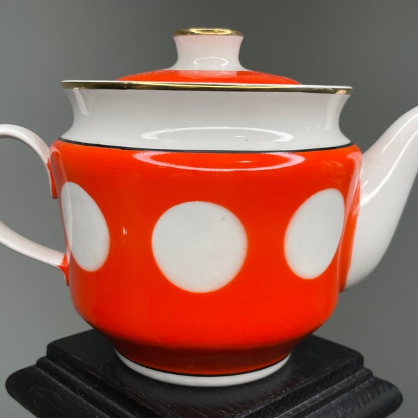 Soviet polka dot kettle, dishes, porcelain soviet kettle, retro kettle, USSR, figurine soviet kettle, ceramic, kitchen, tableware, teapot.