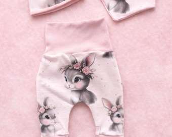 Baby Set Pumphose Halstuch Mütze Unisex Hase Ostern Newborn rosa Blume
