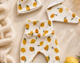 Baby Set Pumphose Halstuch Mütze Zitrone beige Creme gelb