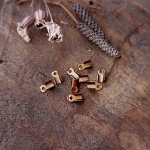 Op de afbeelding: Een close-up van een groep kleine, goudkleurige metalen sluitingen op een houten oppervlak. De sluitingen worden gebruikt voor het maken van sieraden en zijn ongeveer 1,25 cm lang.