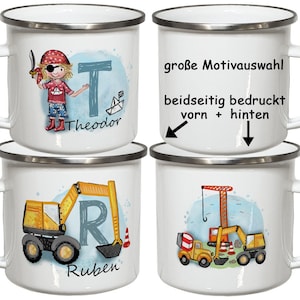 Emaille Kindertasse mit Namen Emaillebecher Kindergeschirr Kinder Geschenke Geburtstag Weihnachtsgeschenk Jungen Kindergartentasse Bagger