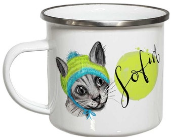 Emaille Becher Tasse Katze Emailletasse mit Namen Geschenke individualisierbar