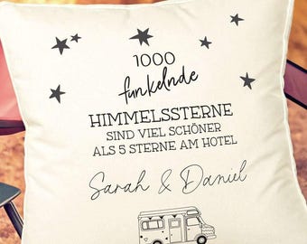 Personalisiertes Camping Kissen | Geschenk für Wohnmobil & Van | Dekokissen mit Namen und Spruch | Camper Deko | 40x40cm Leinenoptik