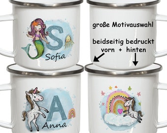 Emaille Kindertasse mit Namen Emaillebecher Kindergeschirr Kinder Geschenke Geburtstag Weihnachtsgeschenk Mädchen Kindergartentasse Einhorn