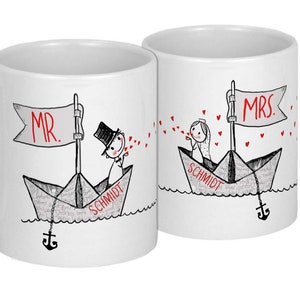 REGALO MATRIMONIO Sposi in barchetta di carta personalizzata su 2 tazze