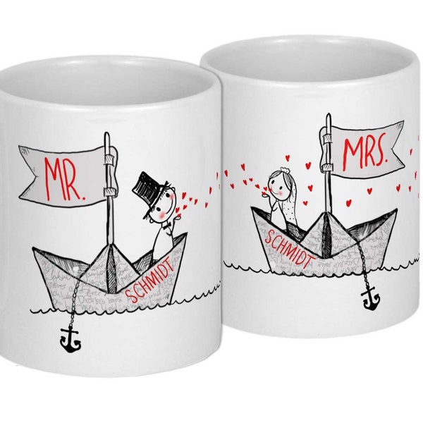 HOCHZEITSGESCHENK Hochzeitspaar im Papierboot auf 2 Tassen personalisiert
