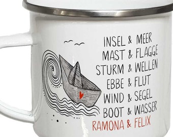 Emaille Becher PERSONALISIERBARE Tasse mit Papierboot Paargeschenke Valentinstag Geschenke Männer Hochzeitsgeschenk Frauen