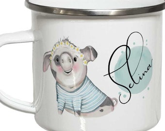 Emaille Becher Kinder Geschenkartikel Ferkel Tasse mit Namen Emailletasse individualisierbar Campingbecher