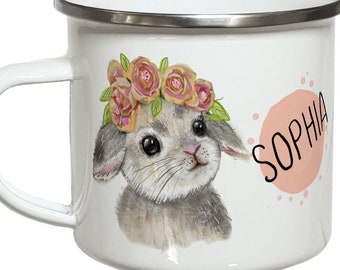 Hase Tasse mit Namen Kindertasse Emaille Becher Kinder personalisierte Geschenke Kaninchen Tasse