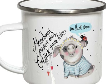 Emaille Becher Glück Geschenk Schwein Tasse mit Sprüchen Emailletasse Campingbecher Marienkäfer Glücksschwein