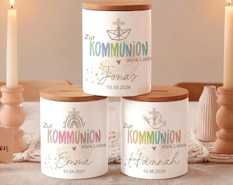 Personalisiertes Geldgeschenk Kommunion Spardose mit Namen & Datum | Wunscherfüller Junge Mädchen | Boho Keramik mit Holzdeckel Regenbogen